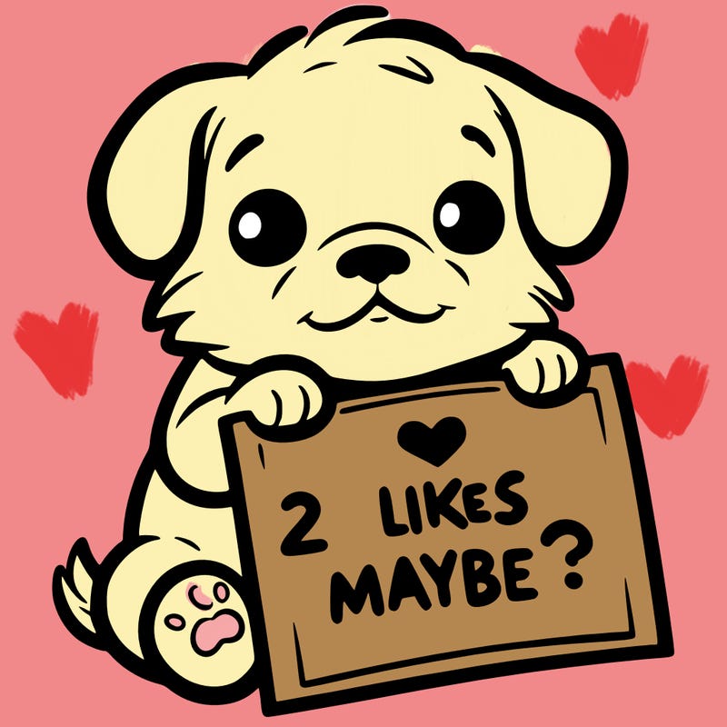 a puppy holding a sign that says 2 likes maybe?