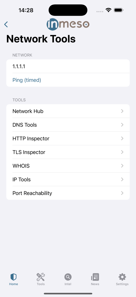 Cybersecurity - Capture d'écran de l'application Inmeso Cybersecurity affichant divers outils réseau, y compris des utilitaires DNS, HTTP, TLS et WHOIS