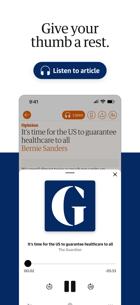 Interface of The Guardian app showing the listen to article feature with an audio player