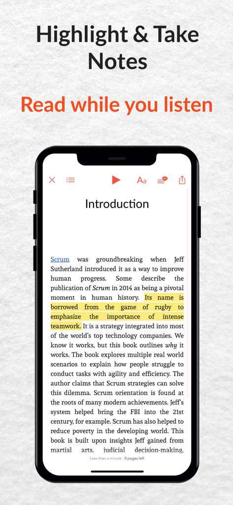 StoryShots mobile app interface showing a book summary with highlighted text and options to take notes and listen to audio