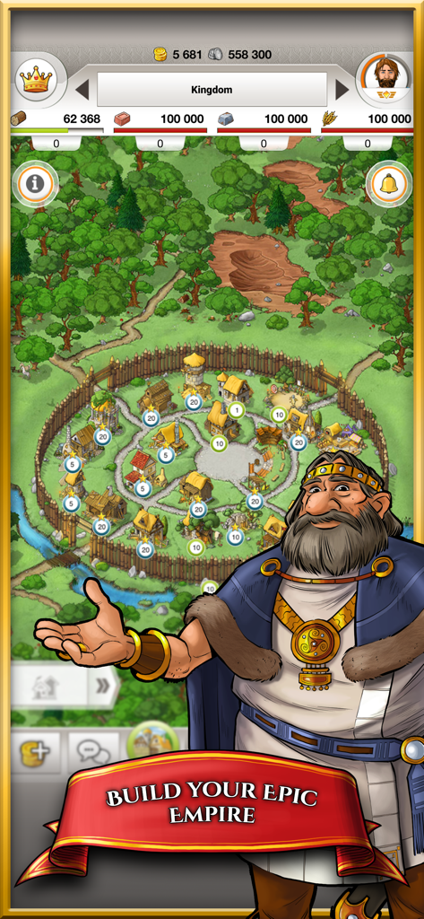 Travian Kingdoms - トラビアン・キングダムのストラテジーゲームにおける村の建物と王のキャラクター