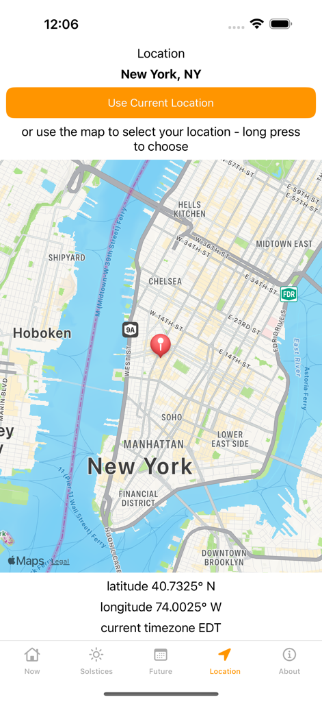 Map view for selecting precise location in the Sunrise Sunset Times app.