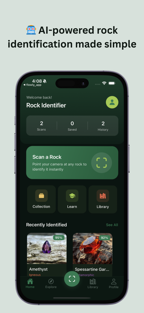 Rock Identifier:AI Stone & Gem - Pantalla de inicio de la aplicación Rock Identifier mostrando la herramienta de escaneo IA y gemas identificadas recientemente como Amatista y Granate.
