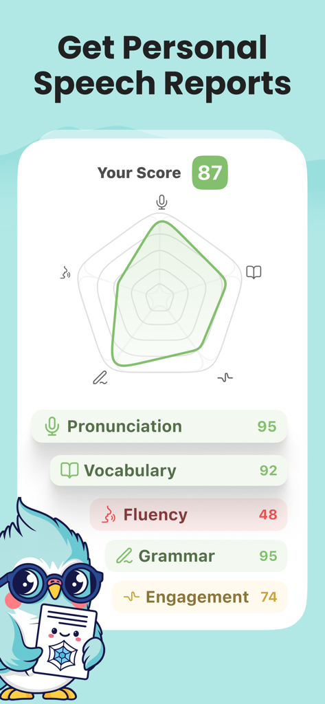 A personal speech report in the Kippy AI app displaying a radar chart and performance scores for language skills like pronunciation and fluency