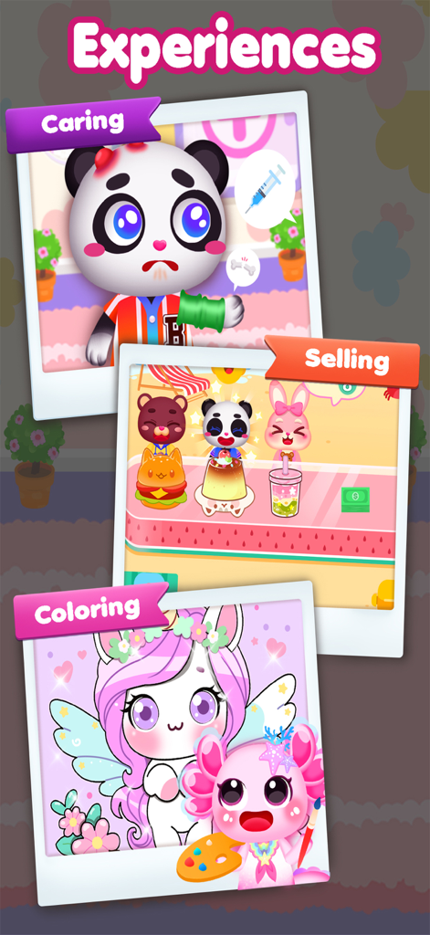 A collage showing three mini-games from the app featuring pet care, a food shop, and coloring activities with cute characters.