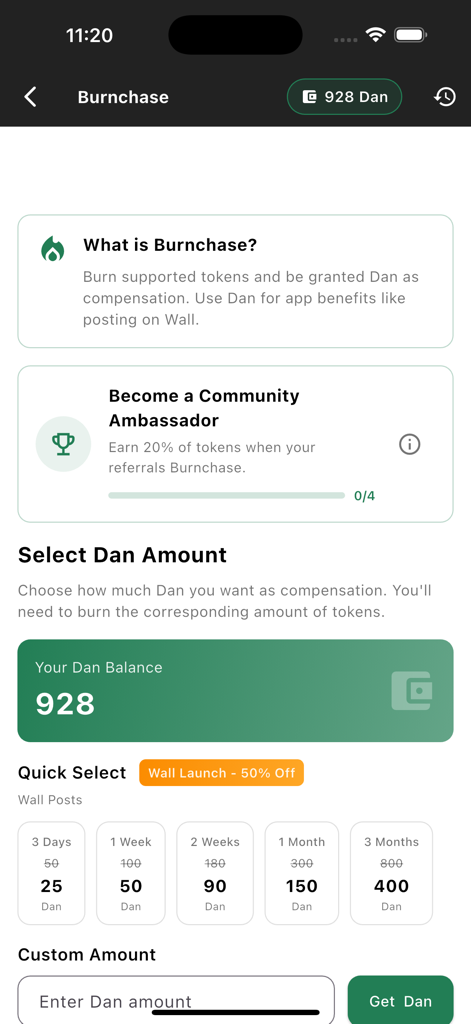 cPen Network - Burnchase screen in cPen Network app showing Dan token balance and community ambassador referral program