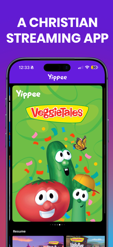 Yippee TV app interface on a smartphone featuring characters from VeggieTales