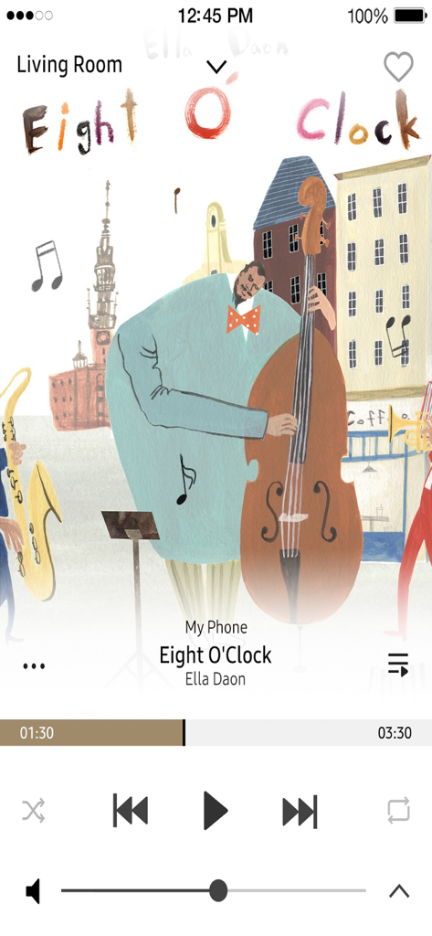 Interfaccia del lettore dell'app Samsung Wireless Audio Multiroom che mostra un lettore musicale per il soggiorno che riproduce la canzone Eight OClock di Ella Daon