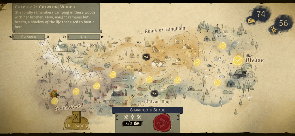 Howl - A world map interface in the game Howl showing a hand-drawn living ink art style with level paths and chapter locations on parchment.