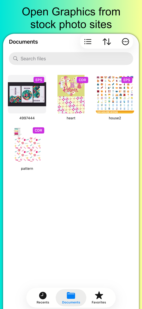 VectorView - File Organizer - VectorView app interface displaying a grid of organized vector files including EPS and CDR formats with thumbnail previews