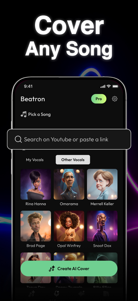 Beatron: AI Music Maker - Beatron app interface showing the AI Cover feature with options to search YouTube and select different AI voices for song covers.