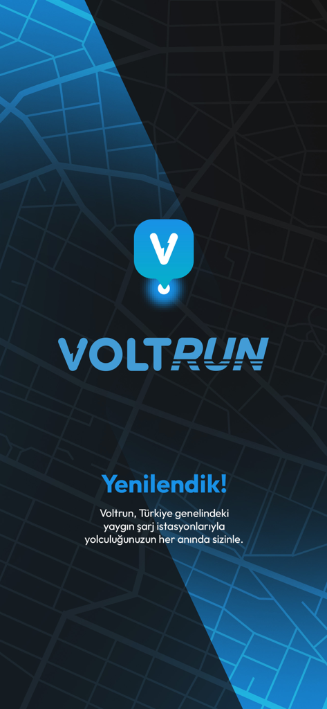 Voltrun - Splash screen of the Voltrun app showing the logo and a map background for electric vehicle charging stations