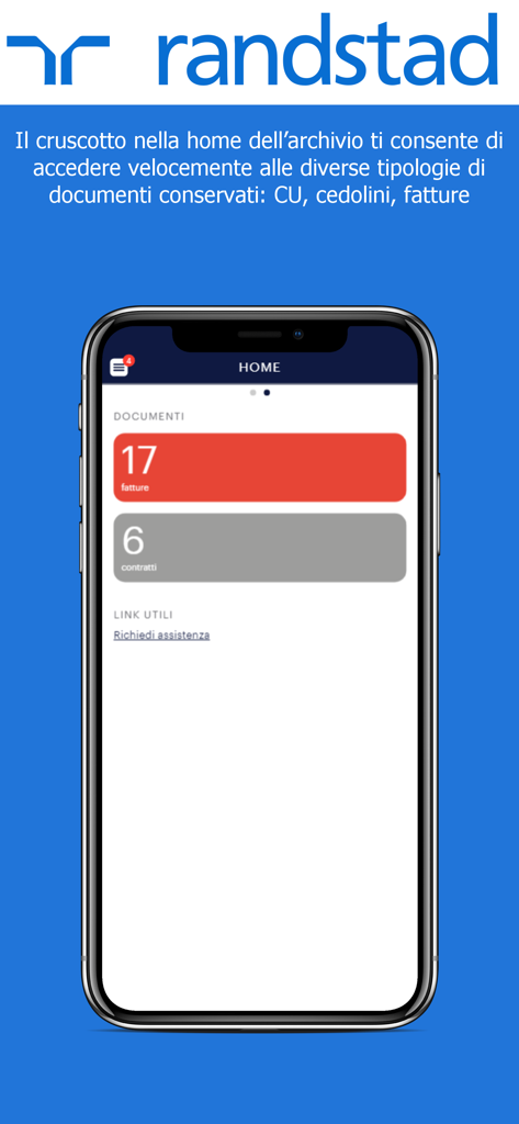 Pantalla de la aplicación móvil Randstad e-doc que muestra un panel con categorías de documentos como facturas y contratos.