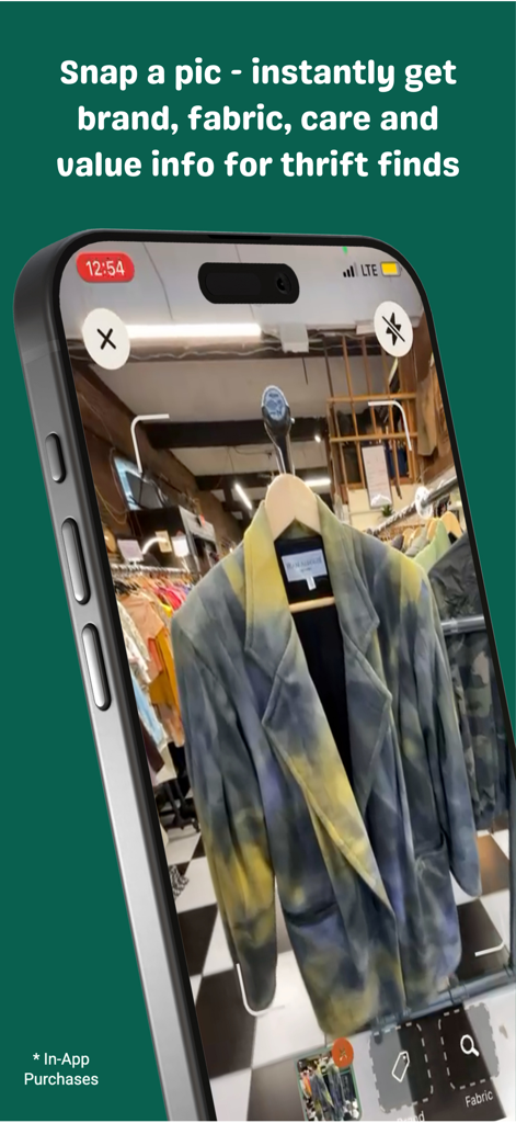 ThriftWise: Smart Shopping - Smartphone interface of ThriftWise app scanning a vintage blazer in a thrift store for brand and value information
