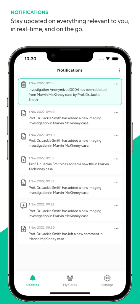Medicai app notification screen showing real time updates on patient cases and imaging files for healthcare professionals