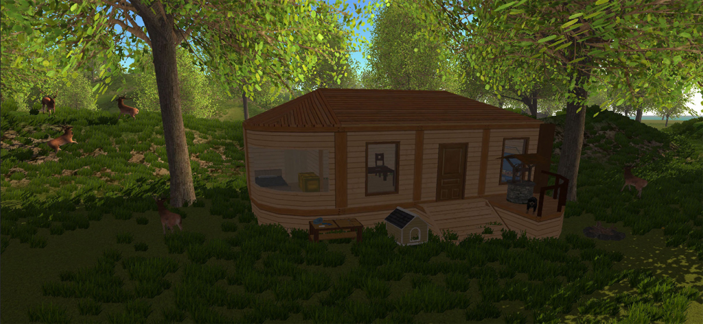 Ocean Is Home: Survival Island - Una casa de madera y ciervos en el bosque del juego Ocean Is Home Survival Island