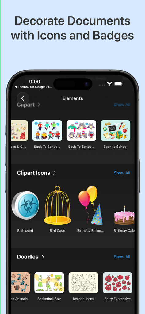 Interfaz de aplicación móvil mostrando varios iconos de clipart e insignias para decorar documentos