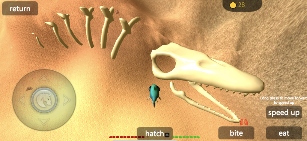 A small blue fish swimming near a massive prehistoric skeleton on the sandy floor in 3D Fish Growing 2020 gameplay.