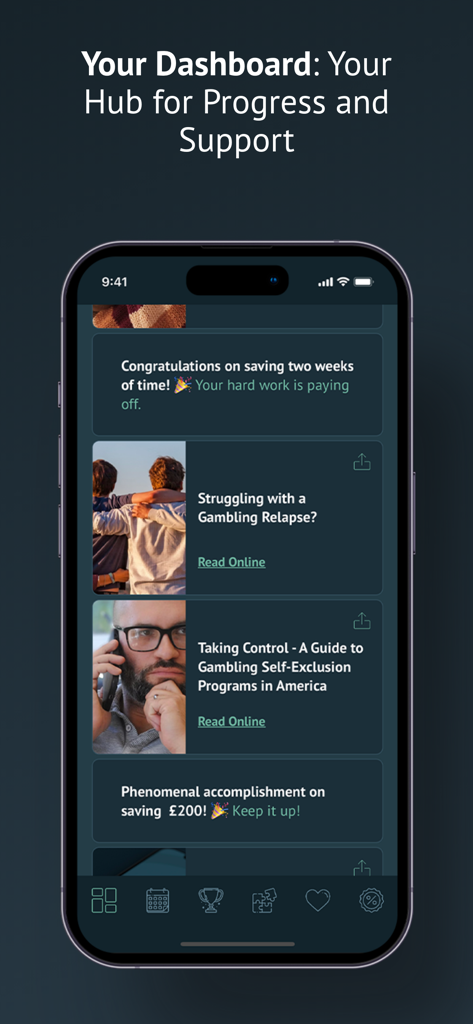 Block Online Gambling - Gamban - Gamban app dashboard displaying recovery progress milestones and support articles