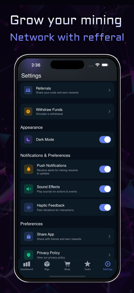 Pantalla de configuración de la aplicación para el simulador de minería de Ethereum que muestra opciones de referencia y modo oscuro