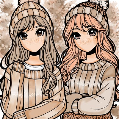 two realistic girls in big sweaters