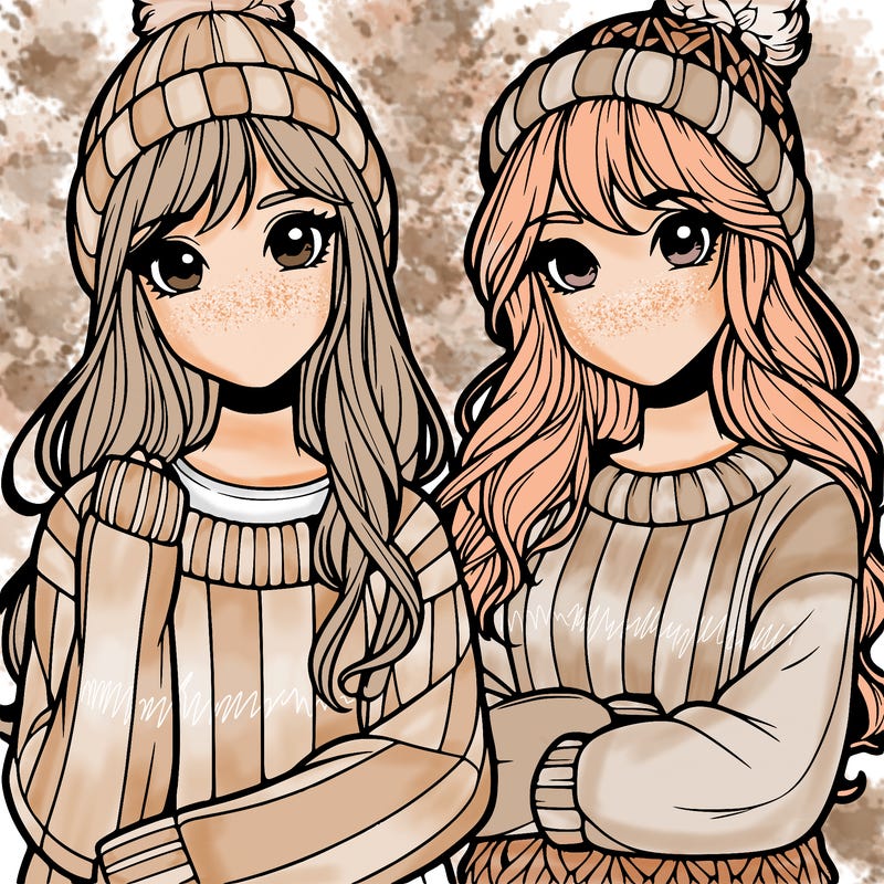 two realistic girls in big sweaters
