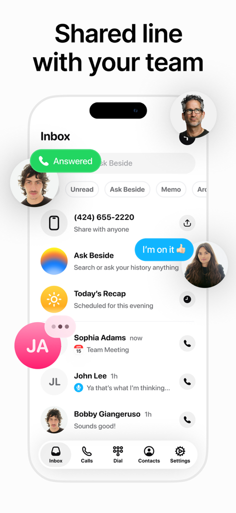 Beside (M1): AI Receptionist - Interface de l'application Beside AI Receptionist montrant une ligne téléphonique professionnelle partagée et une boîte de réception pour la collaboration d'équipe.