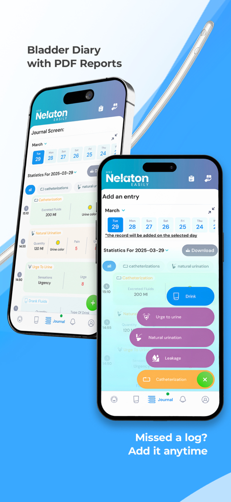 Nelaton: Self-Catheterization - Two iPhone screens displaying the Nelaton app bladder diary journal and entry menu for catheterization and fluid tracking