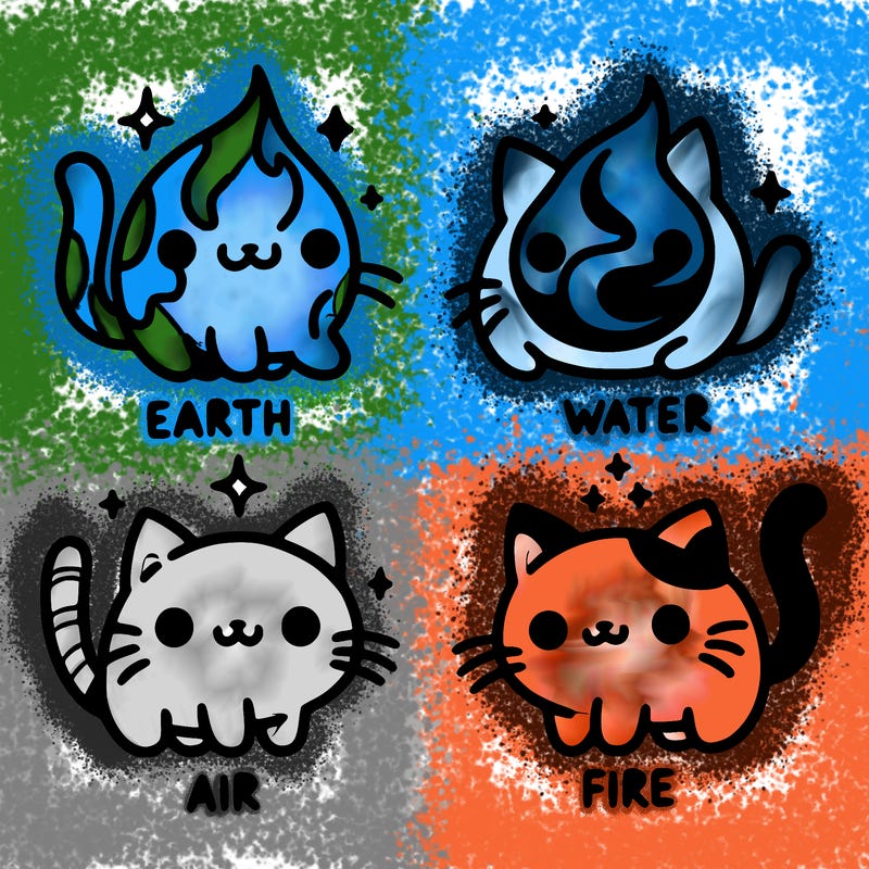 4 cats that represent the different elements, earth, water, air, and fire