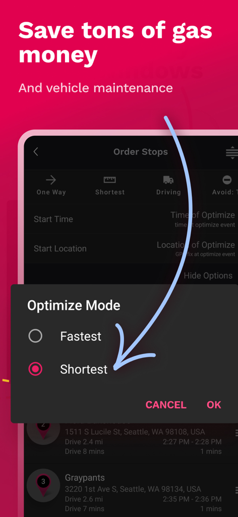 RoadWarriorアプリのインターフェース。燃料節約のための最短ルート最適化を選択。