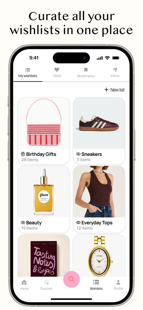 Sortd | Shopping Wishlist App - Interface de l'application de shopping Sortd montrant des listes de souhaits organisées pour des cadeaux d'anniversaire, des baskets et des produits de beauté