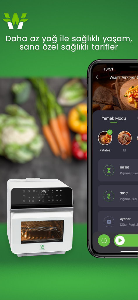 Wiami - A white Wiami smart air fryer next to a smartphone showing the mobile app interface for controlling cooking modes and settings.