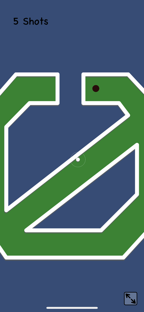 Relax Mini Golf - Vista de cima de um campo de minigolfe 2D minimalista com um caminho verde e uma bola branca em um fundo azul