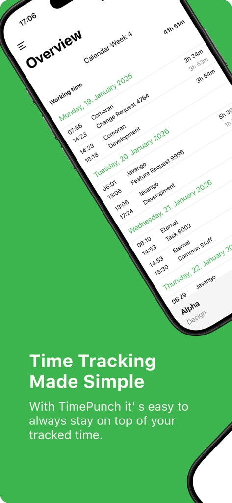 TimePunch Mobile - Vista general de las horas de trabajo diarias y los registros de tareas en la interfaz de la aplicación TimePunch Mobile