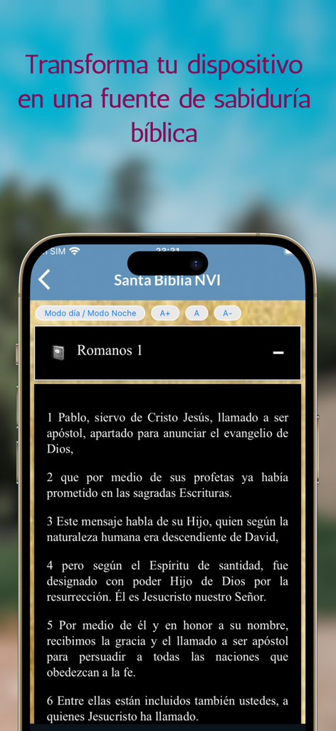 Santa Biblia NVI - Interfaz de la aplicación Santa Biblia NVI mostrando las escrituras bíblicas en español con el modo nocturno activado