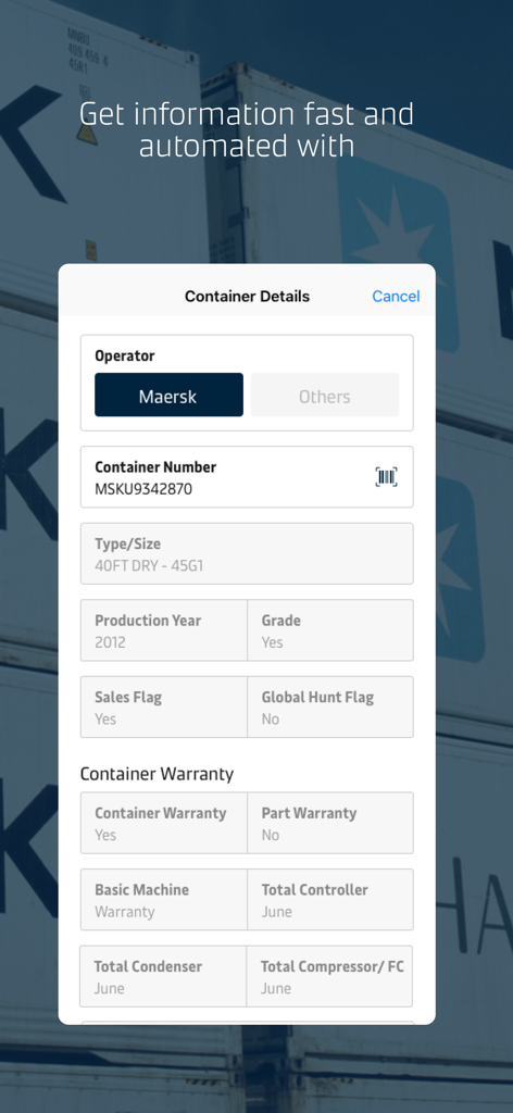 Mobile app screen displaying Maersk container specifications and warranty details