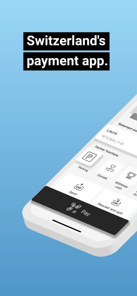 prepaid TWINT & other banks - TWINT mobile payment app interface showing various features like parking donations and sending money