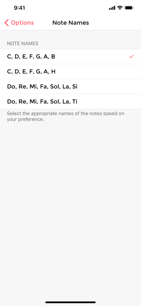 Music Tutor Plus - Selection screen for note naming conventions in Music Tutor Plus