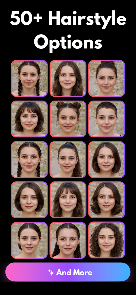Hairstyle Try On - Haircut AI - Una visualización en cuadrícula que muestra quince peinados y cortes de pelo diferentes generados por IA en una modelo femenina