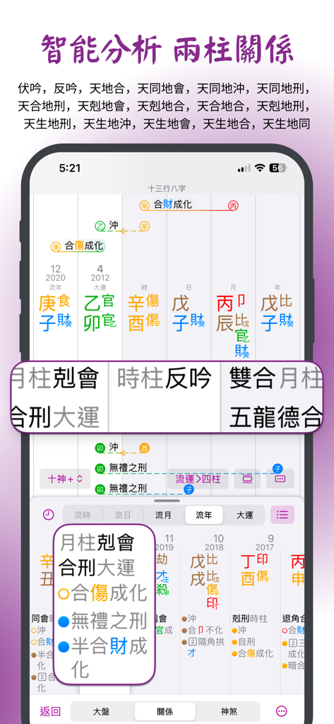 十三行八字App手機介面，展示對兩個柱之間關係的智能分析，包含在中國的命運圖中