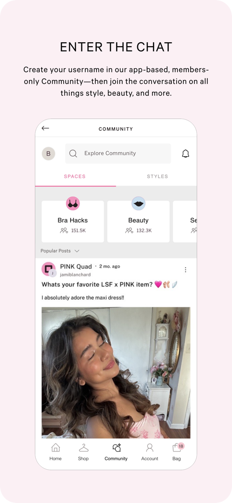 Screenshot dell'app Victoria's Secret PINK che mostra la chat della community riservata ai membri e il feed di ispirazione di stile.