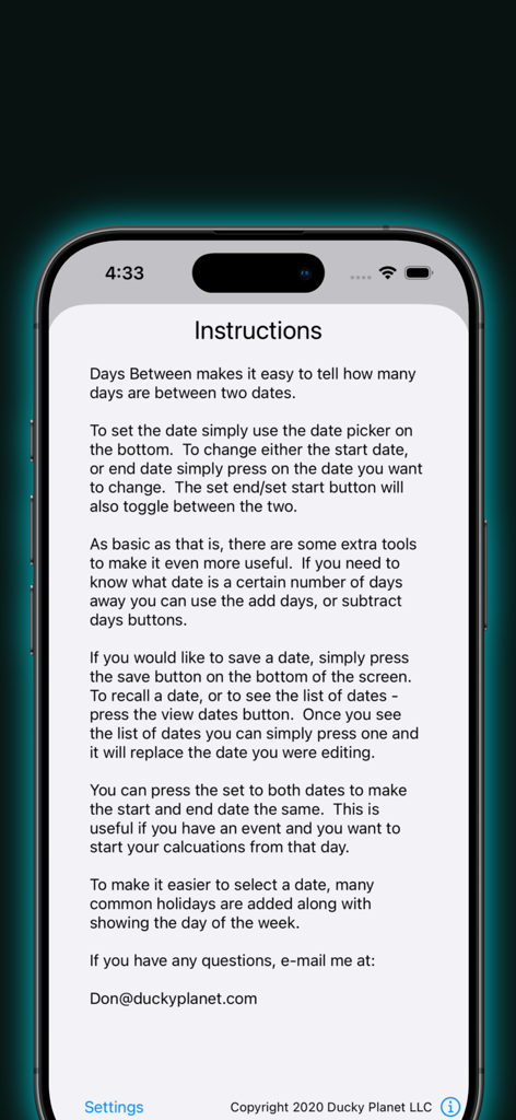 Between Dates Calendar Math - Schermata delle istruzioni per l'app Between Dates Calendar Math che spiega come calcolare i giorni tra date