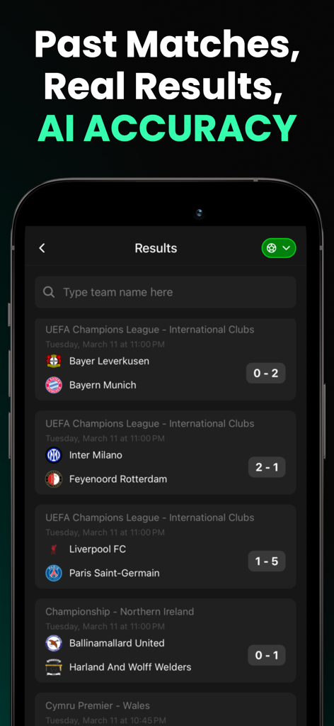 ScoreTips AI - ScoreTips AI app interface showing past football match results and scores for UEFA Champions League and other leagues.
