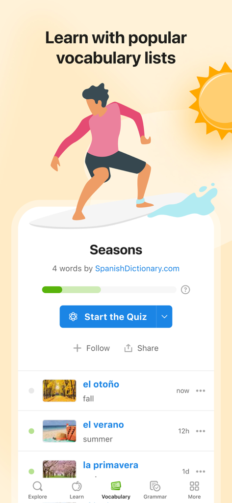 SpanishDictionary.com Learning - Interface of the SpanishDictionary app showing a seasons vocabulary list and a start quiz button