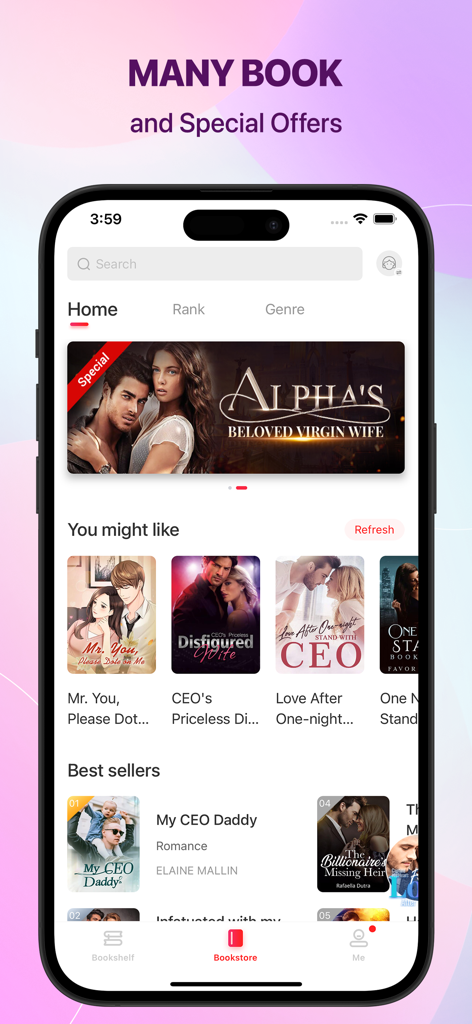 Amolivro: Audiobook & Story - Amolivro mobile app interface showing a collection of popular romance and billionaire web novel titles.