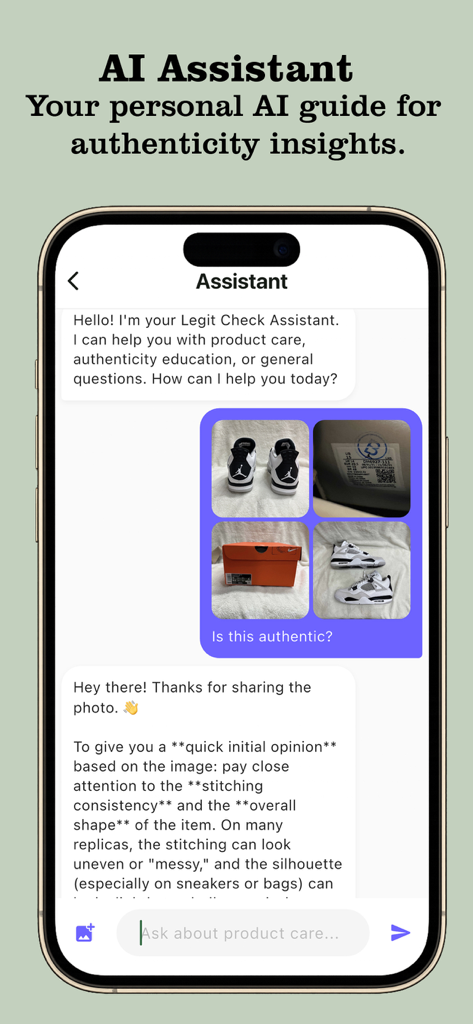 Legit Check AI - Oberfläche der Legit Check AI App, die einen Chat mit einem KI-Assistenten zeigt, der Sneaker-Fotos auf Echtheit analysiert