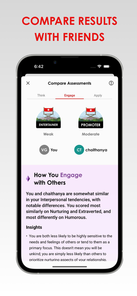 Principles In Action - A mobile app screen showing a side by side personality assessment comparison between two users in the Principles In Action app