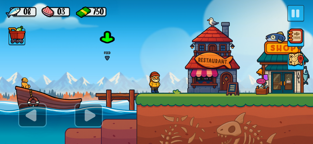Catch and Feed - Gameplay en défilement 2D de Catch and Feed montrant un personnage de pêcheur debout sur un quai à côté d'un restaurant et d'une boutique avec des montagnes en arrière-plan.