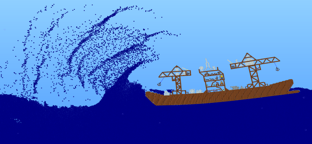 Water Physics Simulation - A custom boat in the Water Physics Simulation app facing a large crashing wave of water particles.