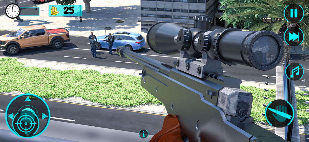 Sniper Shooting Gun Games 3D - First person view of a sniper rifle aiming at targets on a city street in a tactical shooter game